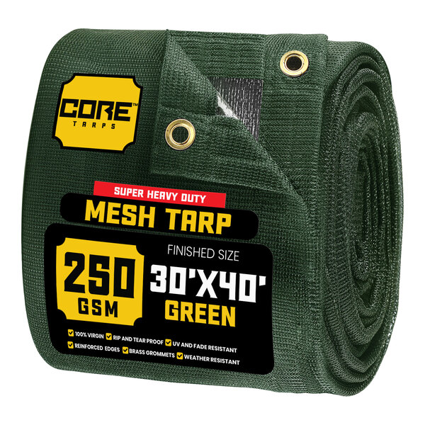 A roll of green Core heavy-duty mesh tarp.