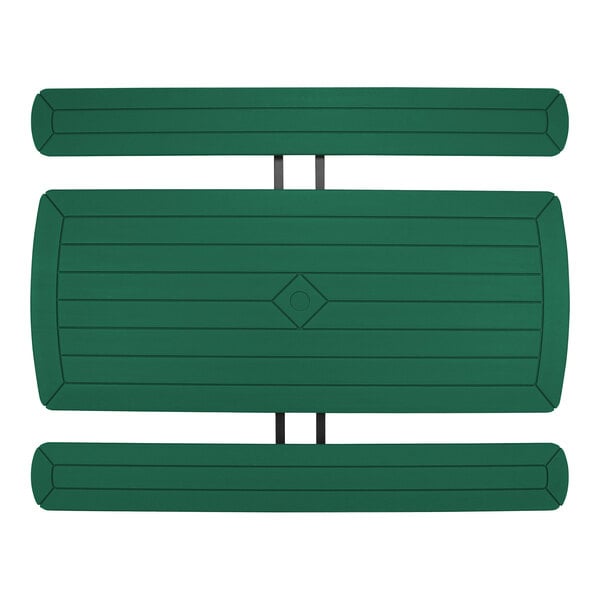 A green picnic table with black metal frames.