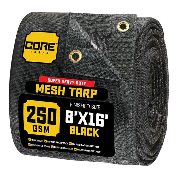 A roll of black Core mesh tarp with reinforced edges.