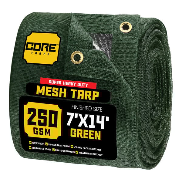 A rolled green Core mesh tarp with reinforced edges.