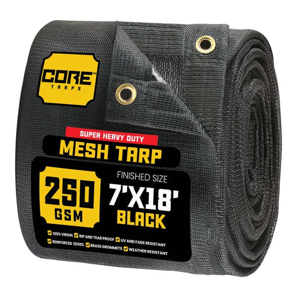 A roll of Core black heavy-duty mesh tarp with reinforced edges.