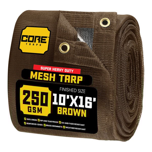 A brown Core Polyethylene mesh tarp with reinforced edges and a label.