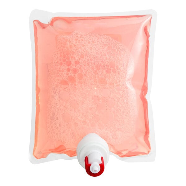 A white plastic bag of red Lavex foaming hand soap with a red cap.