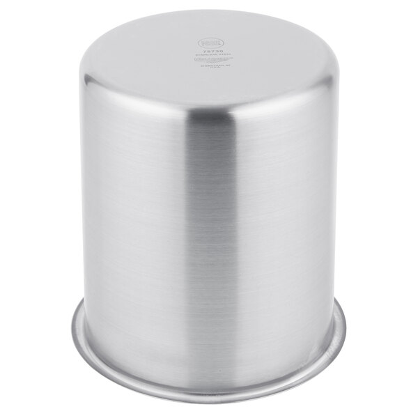 A Vollrath stainless steel cylinder with a round lid.