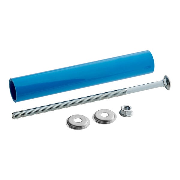 A blue tube with a bolt and nut on the end with a blue metal handle.