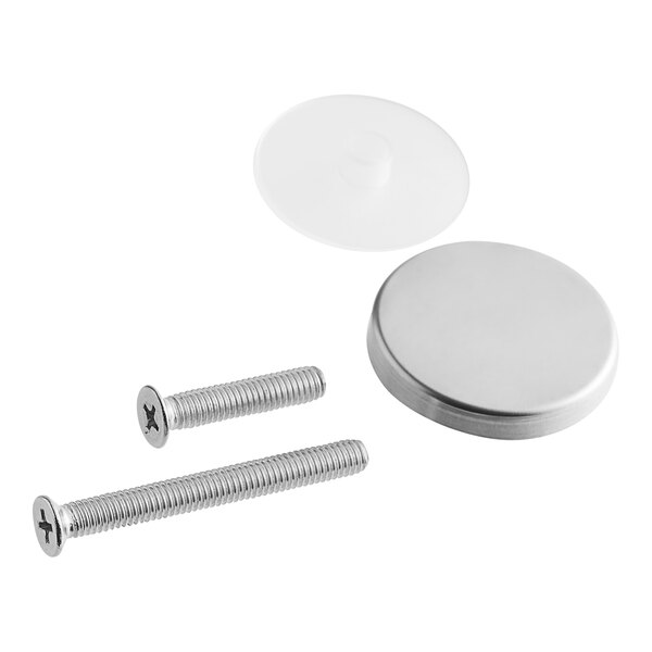 A stainless steel screw and cover for a round metal object.