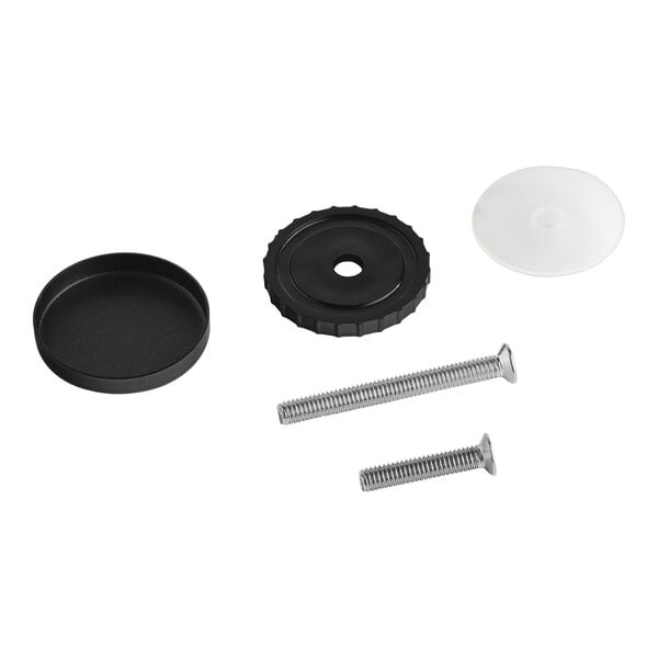 A set of hardware components including two screws, a black screw cover, a black knob, and a clear plastic washer for Avantco BCTD, BCT, BCFD, BCF, BCD, and BC Series equipment.
