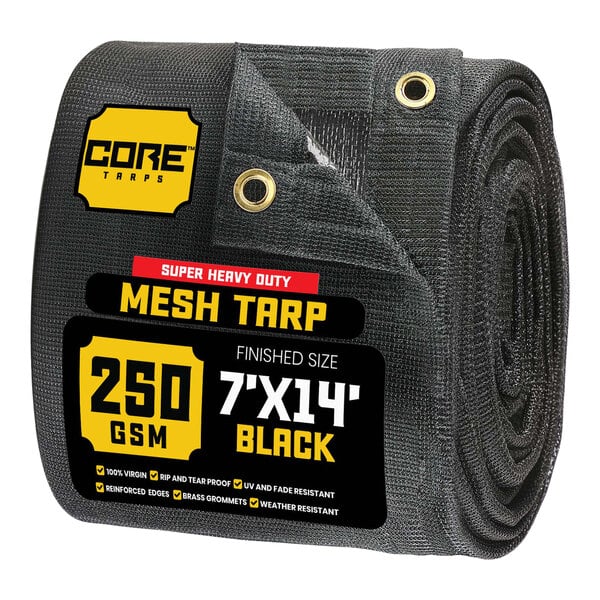 A roll of black Core heavy-duty mesh tarp with reinforced edges.