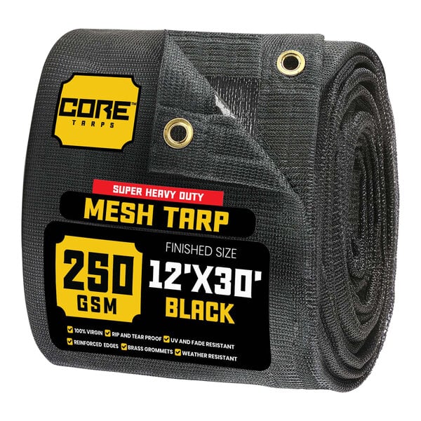 A roll of black Core heavy-duty weatherproof mesh tarp.