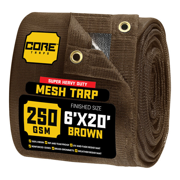 A roll of brown Core heavy-duty mesh tarp with reinforced edges.