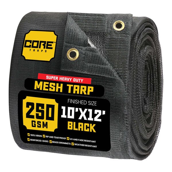 A roll of black Core heavy-duty mesh tarp with reinforced edges.