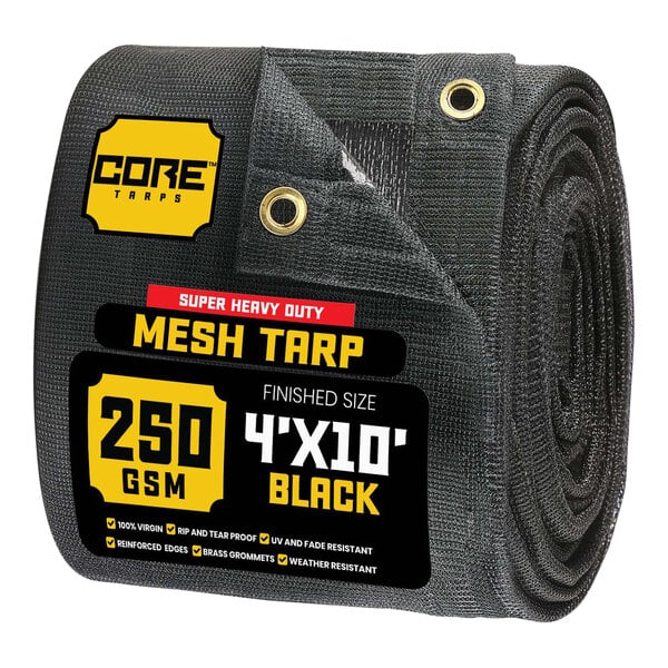 A roll of black Core heavy-duty mesh tarp with reinforced edges.