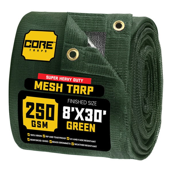 A rolled up green Core heavy-duty mesh tarp.