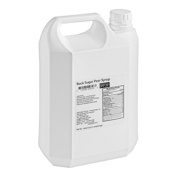 A white plastic container of Fanale Golden Pear Rock Sugar syrup with a handle and label.