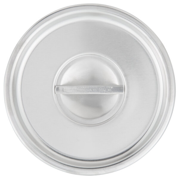 A close-up of a Vollrath stainless steel Bain Marie cover with a metal handle.