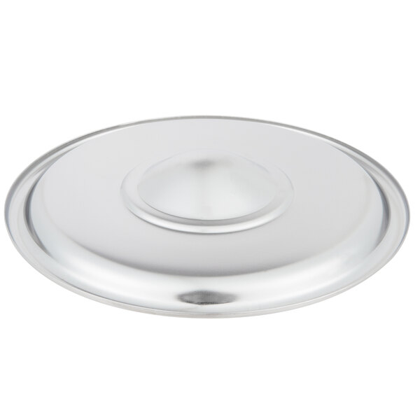 A stainless steel round lid with a black round center.
