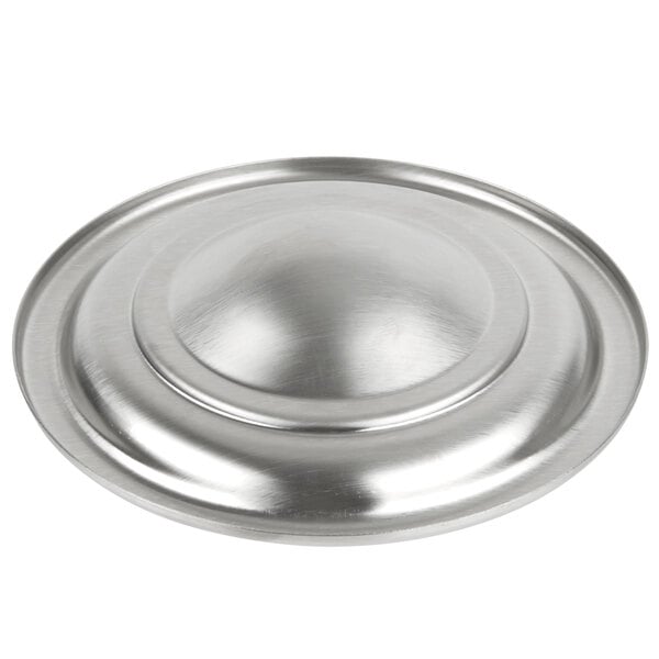 A close-up of a silver circular Vollrath Bain Marie cover.