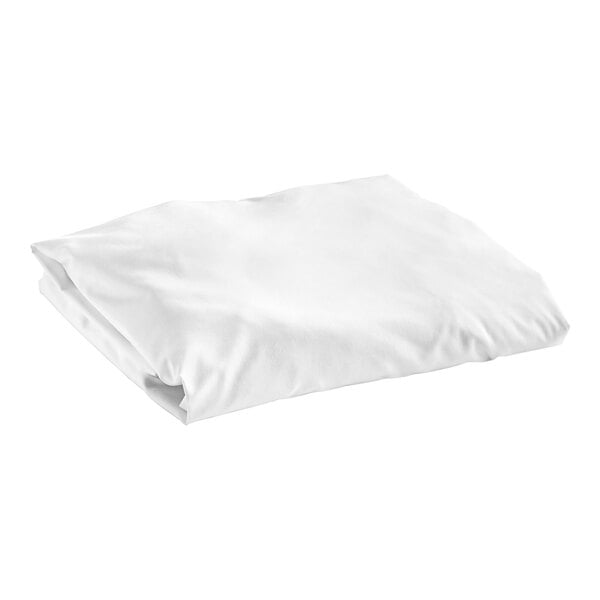 An Oxford Dormi Bene white queen size fitted sheet folded on a white background.