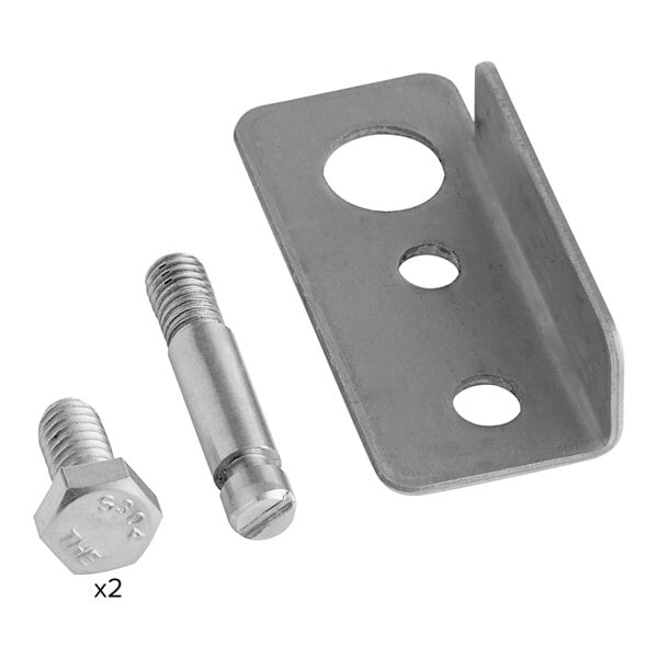 A metal bracket with holes and a screw.