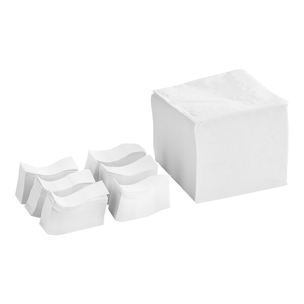 A stack of white 1/4 fold paper napkins with white self-adhering bands.