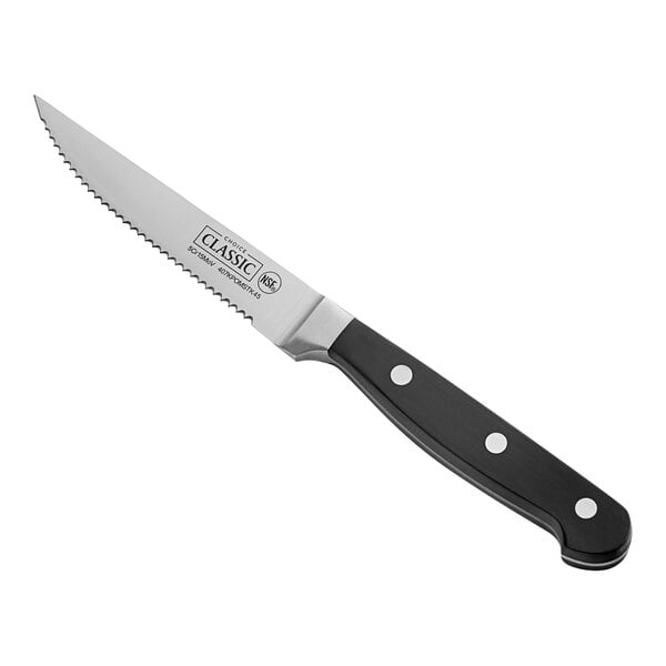 A Choice steak knife with a black handle and silver blade.