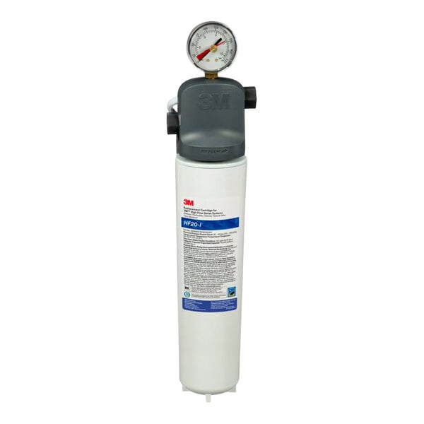 A 3M High Flow water filtration system with a pressure gauge.