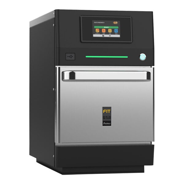 A black and silver Pratica Fit high-speed oven in a professional kitchen.