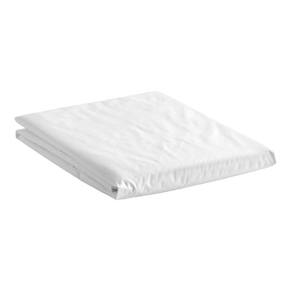A folded white queen size flat sheet made of 100% polyester microfiber.