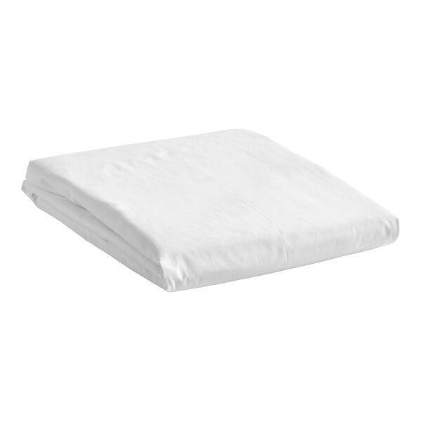 A folded white queen size cotton and polyester blend flat sheet.