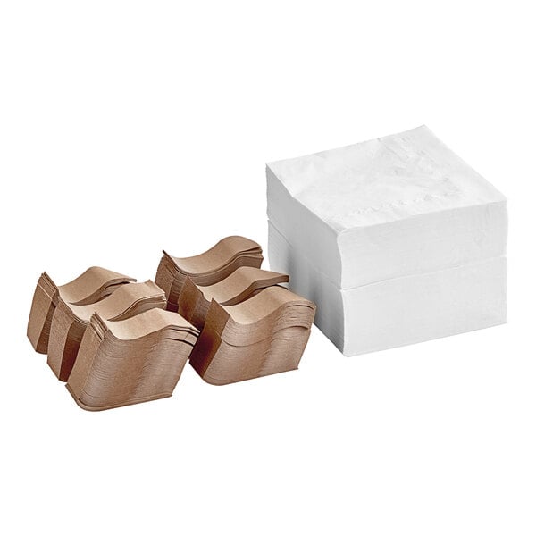 A stack of white Choice 1/4 fold paper napkins with a brown paper napkin band.