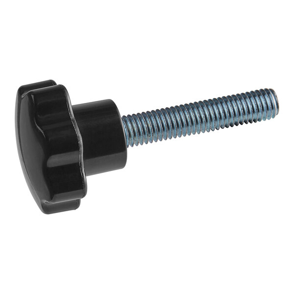 A close-up of a black and blue screw with a black knob.