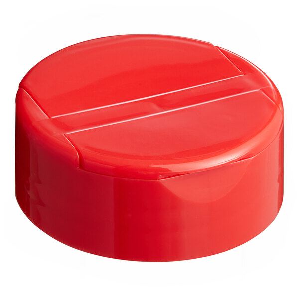 A 48/485 red plastic spice lid with dual flappers and heat induction lining.