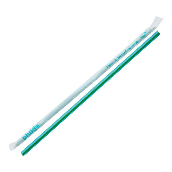 A close up of a Phade blue compostable straw with a white and green design.