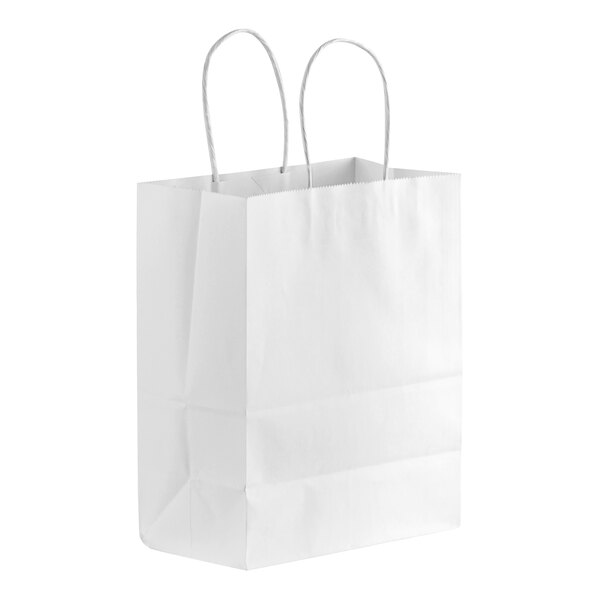 A close-up of a white Duro paper shopping bag with handles.