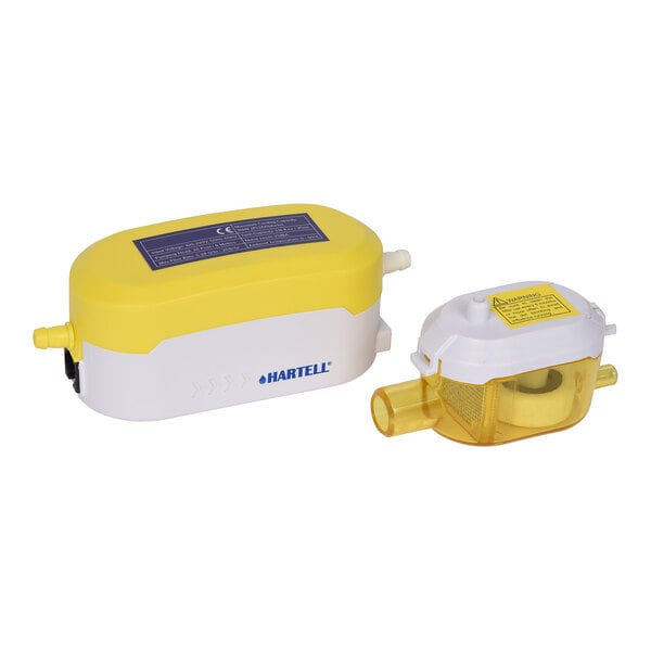 A yellow and white Hartell Mini-Split Remote Sensor Condensate Pump.