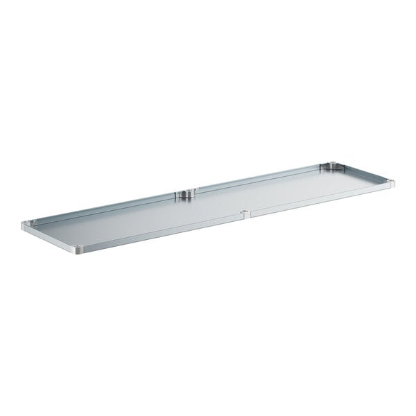 A silver rectangular metal shelf with metal edges.