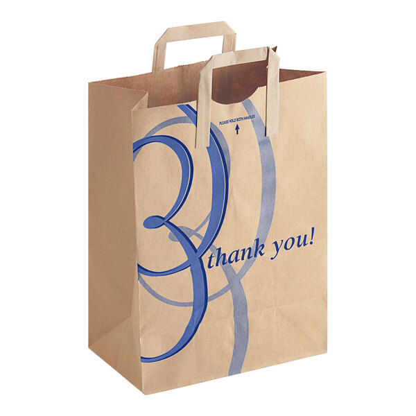 A Duro brown paper barrel bag with blue "Thank You" text.