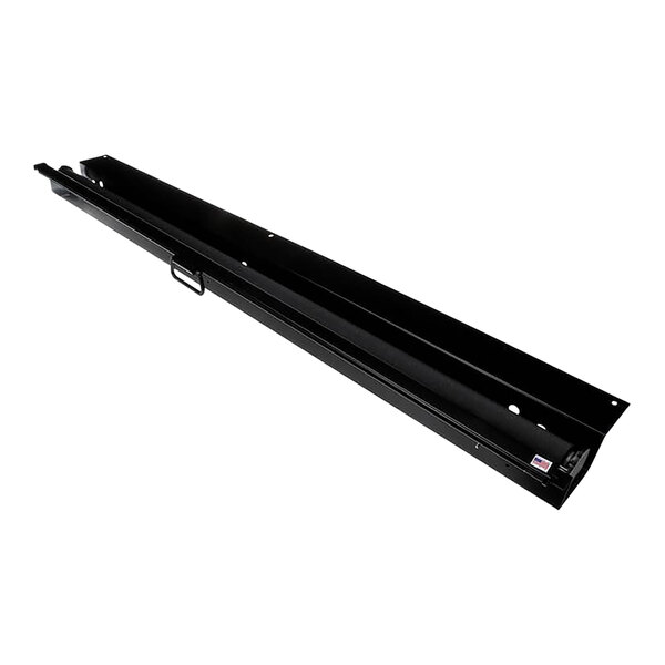 A black metal night curtain assembly for a Structural Concepts air curtain merchandiser with two long handles.