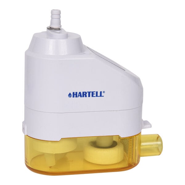 A white Hartell in-duct water pump with yellow accents.