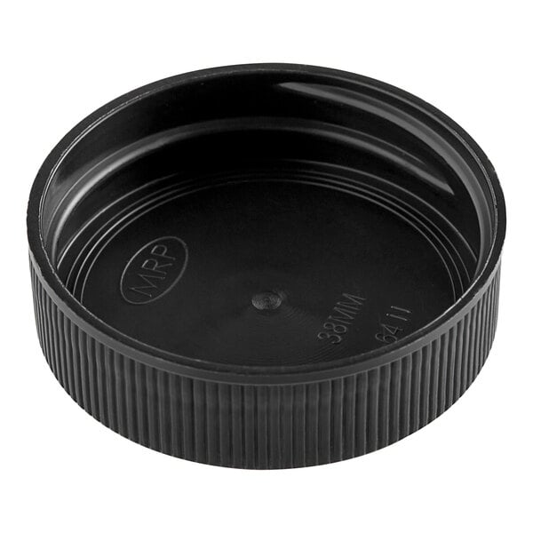 A black plastic 38/400 continuous thread lid with ribbing on the sides.