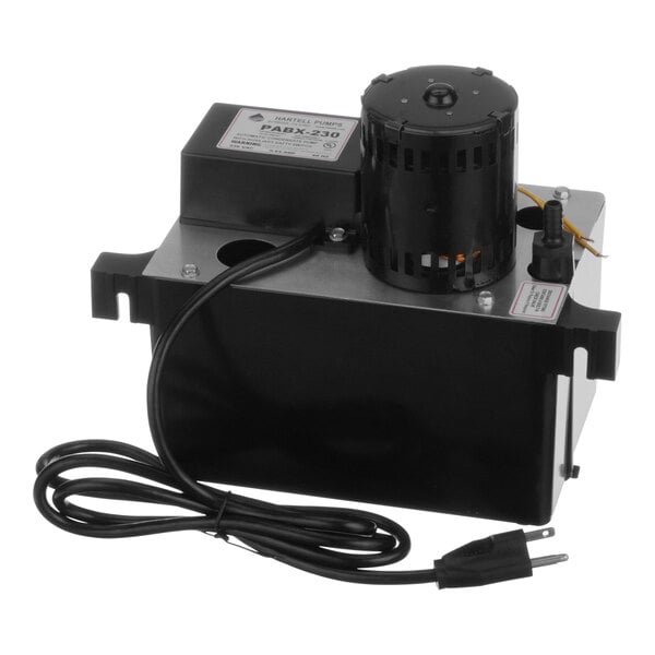 A black and silver Hartell PABX-230 series light commercial-grade condensate pump with a black cord.