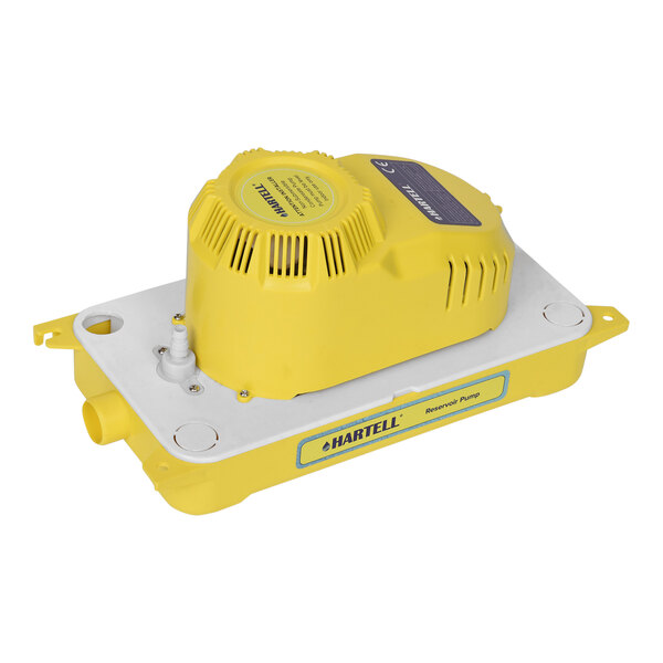 A yellow and white rectangular Hartell water pump.