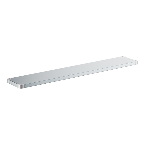 A long rectangular metal shelf with silver metal strips.