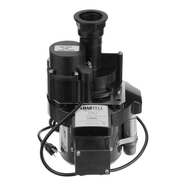 A Hartell LTA-1 series automatic sink drain pump with a black cover and hose.