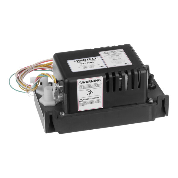 A black Hartell PlenumPlus commercial-grade condensate pump with yellow wires.