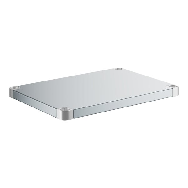 A silver metal rectangular shelf with metal corners and two holes.