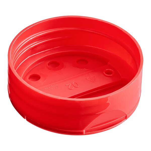 A 53/485 red plastic dual flapper spice lid with 3 holes.