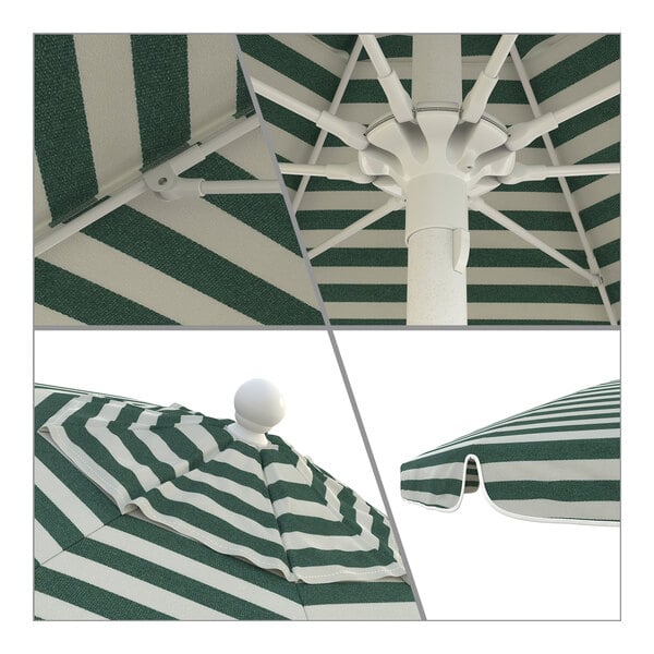 A close-up of a California Umbrella with green and white stripes and a white pole.
