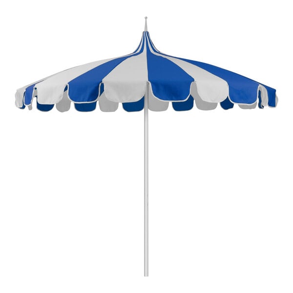 A California Umbrella with a natural and Pacific blue striped canopy and a silver aluminum pole.