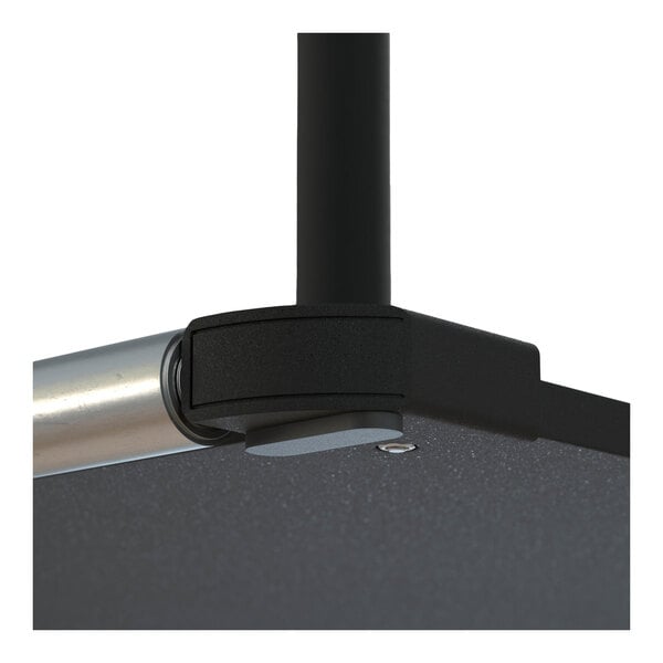 A black steel umbrella base with a caster and a vertical pole attachment.